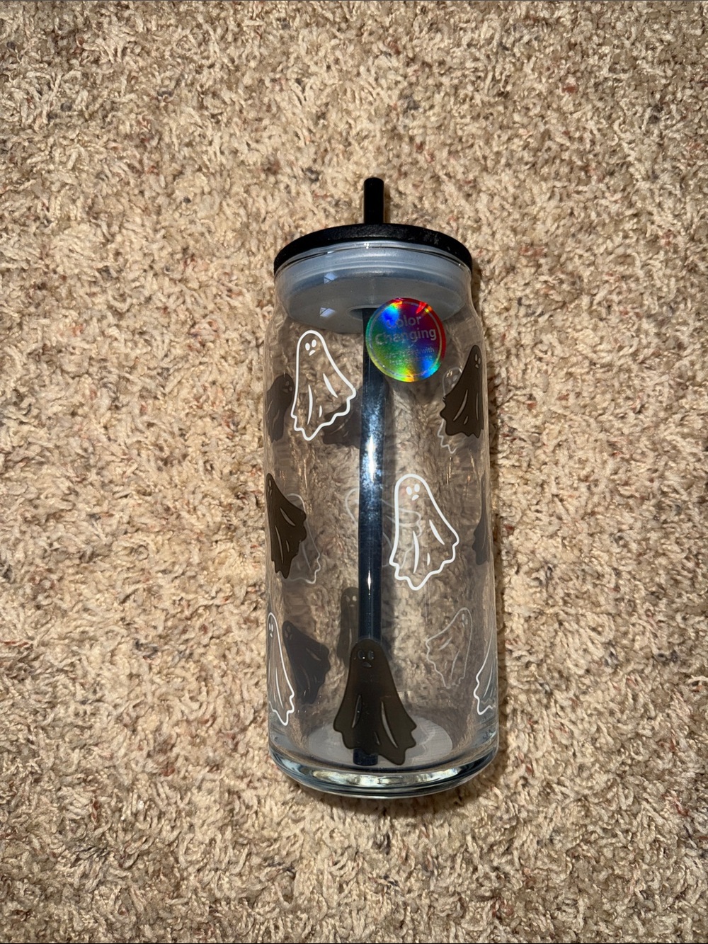Ghost Print Glass Tumbler with Straw - Black Accents
